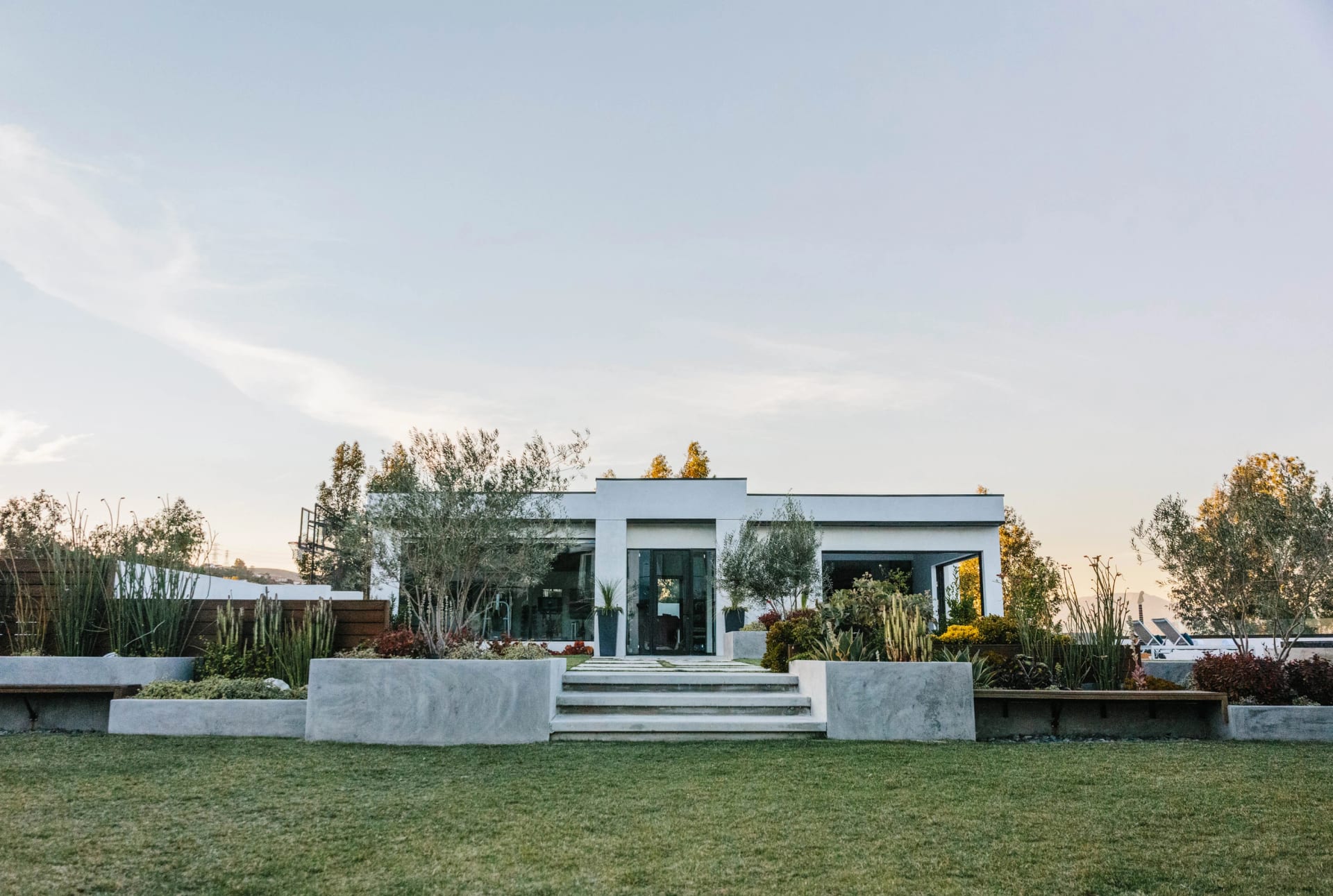 Modern single-story home with a stepped concrete entry and drought-tolerant planting