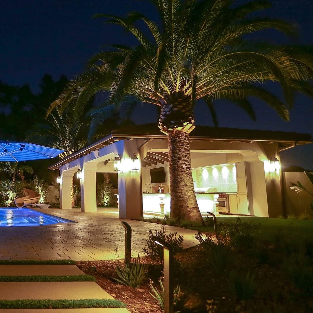 Pool house with a palm tree lit at night beside a pool